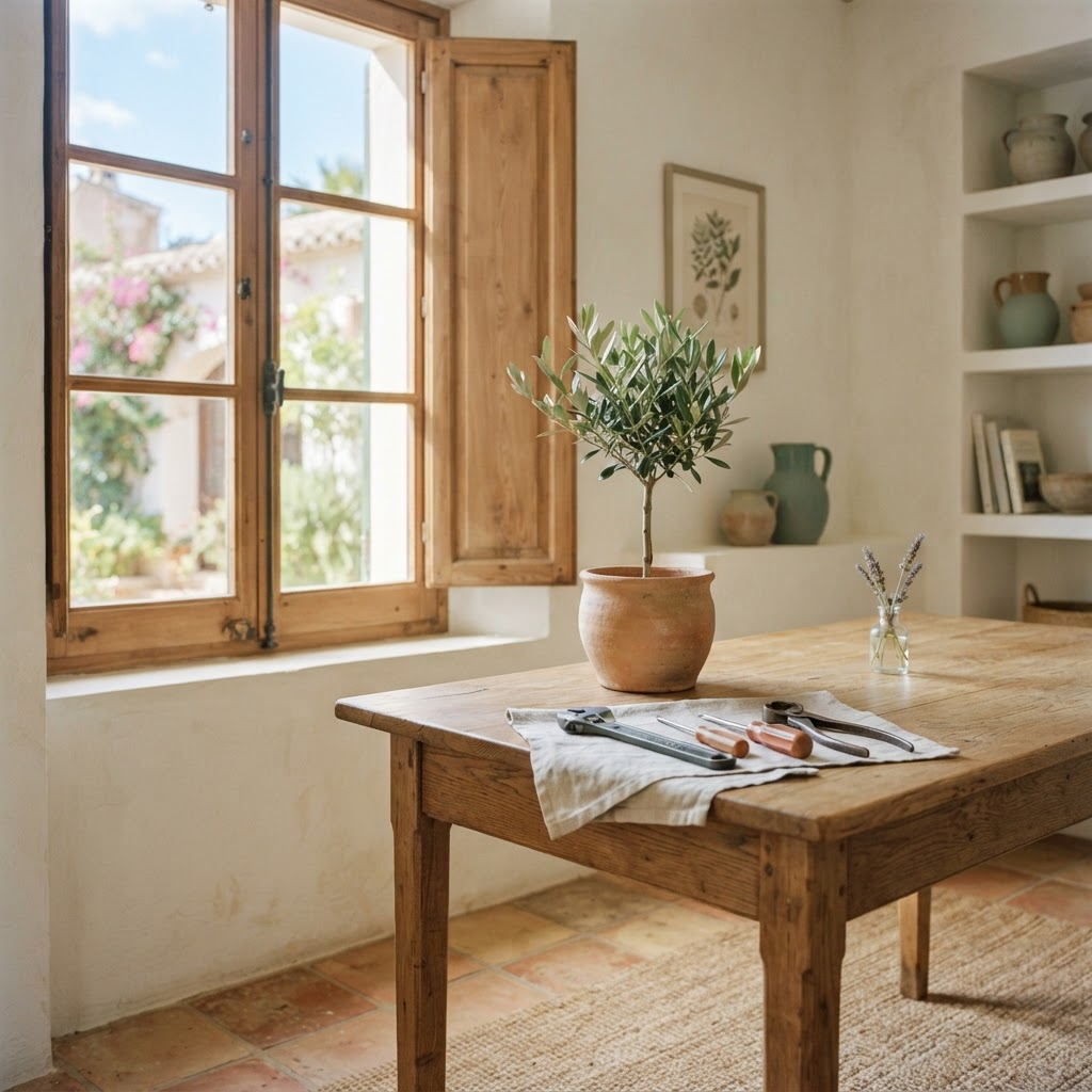 Interior luminoso de una casa con herramientas ordenadas sobre una mesa